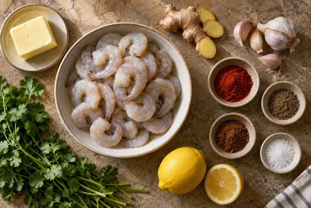 Raw peeled shrimp, butter, ginger, garlic, paprika, cumin, garam masala, lemon, salt, and cilantro overhead