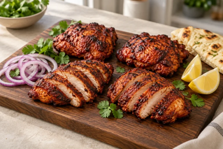 Whole and sliced mahogany-red tandoori chicken thighs with charred edges, red onion rings, lemon, cilantro, and naan