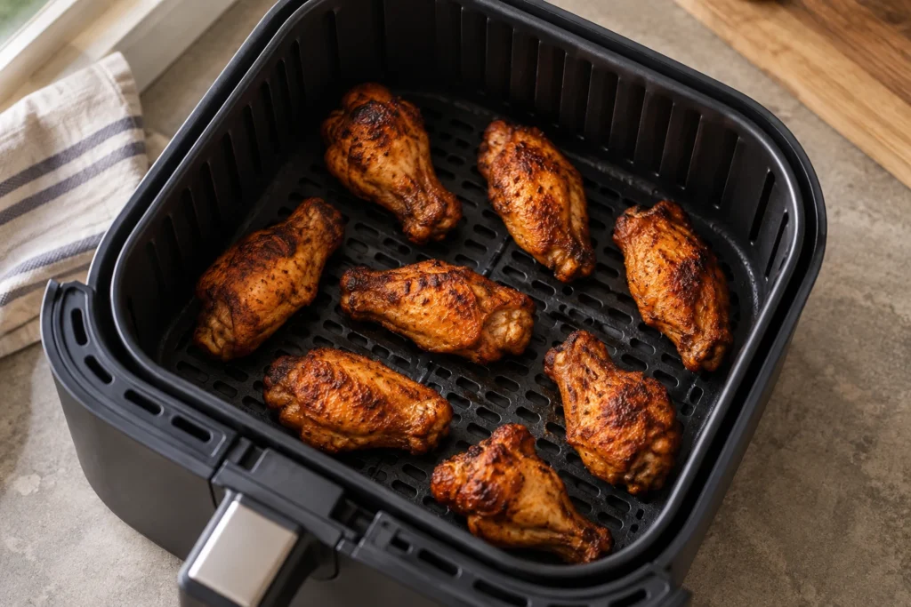 Tandoori chicken wings arranged with space in an air fryer basket