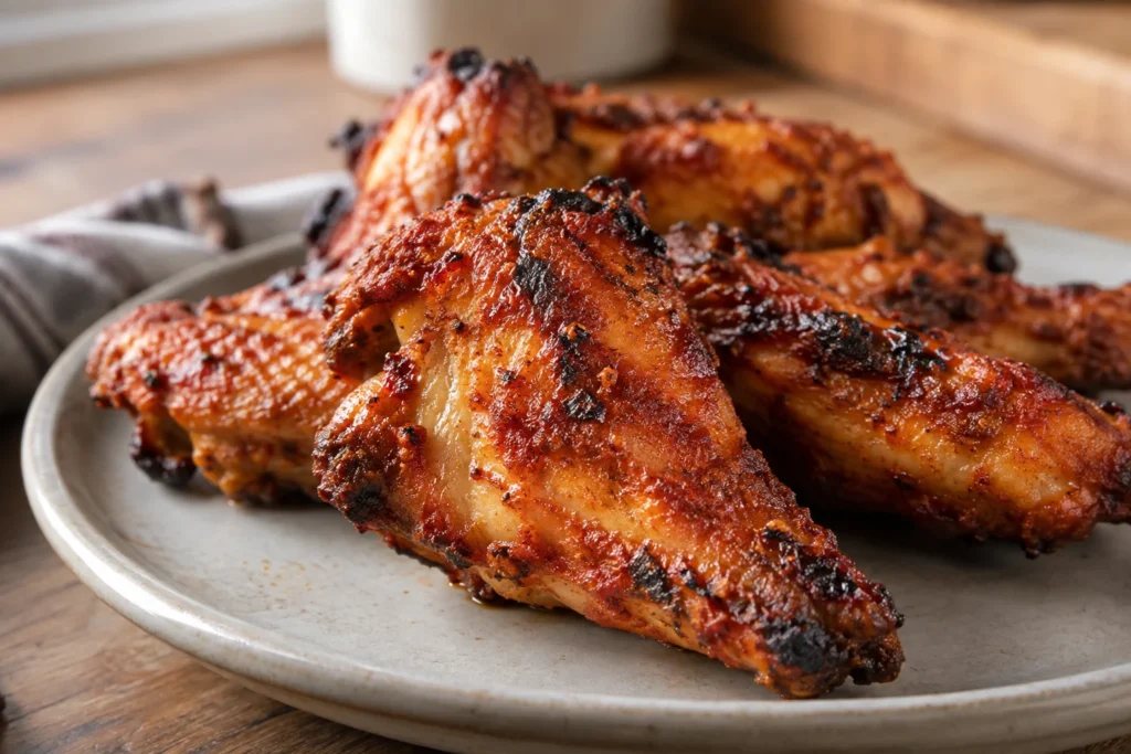 Close view of crisp tandoori chicken wing skin with lightly charred edges