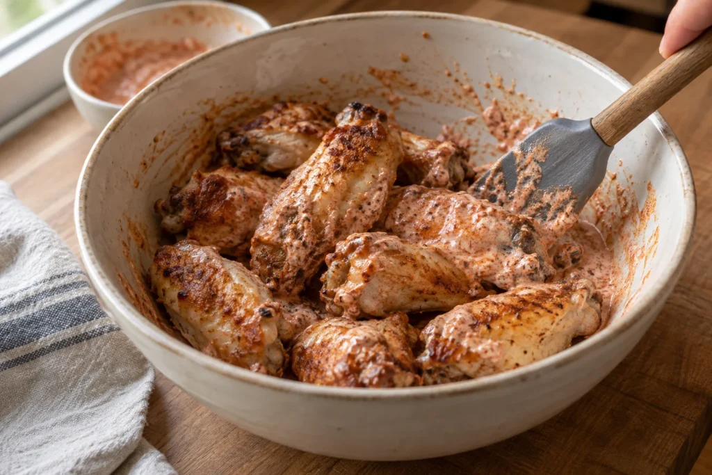 Chicken wings receiving a thin red yogurt-spice coating in a bowl