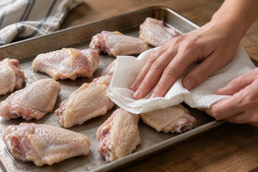 Raw split chicken wings being patted thoroughly dry on a tray
