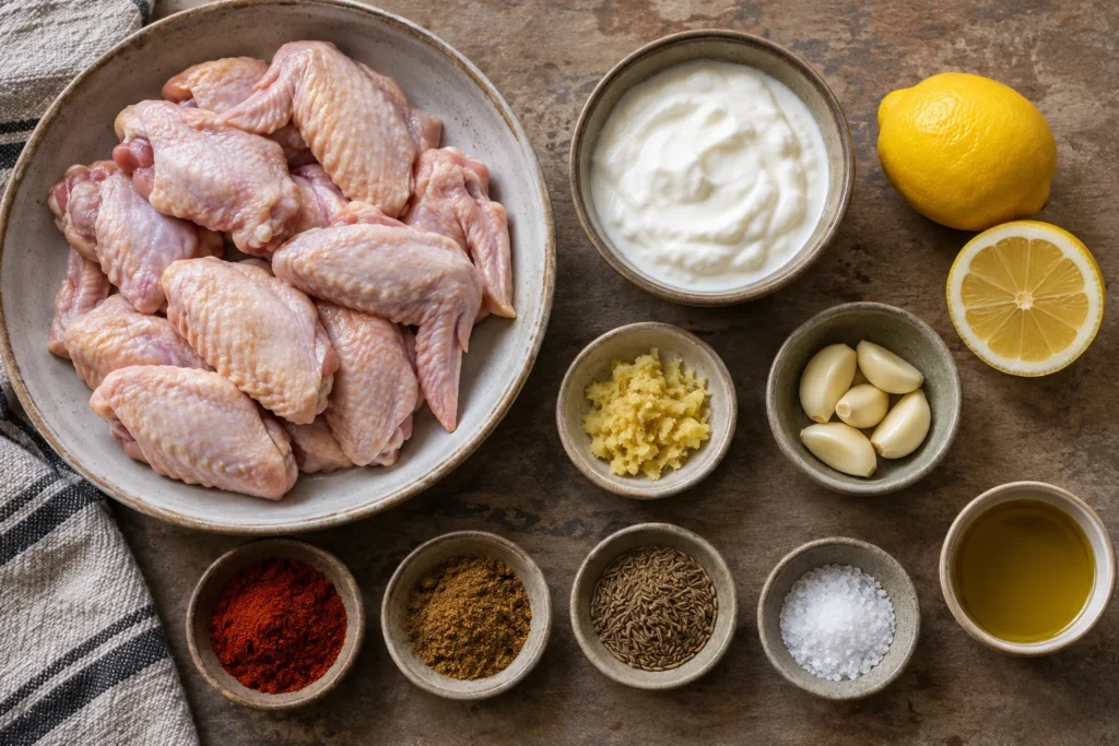 Chicken wings, Greek yogurt, lemon, ginger, garlic, Kashmiri chile, garam masala, cumin, salt, and oil overhead