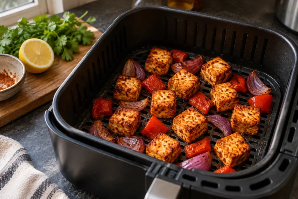 Spaced tofu cubes, bell pepper, and onion browning in a single layer in an air fryer basket