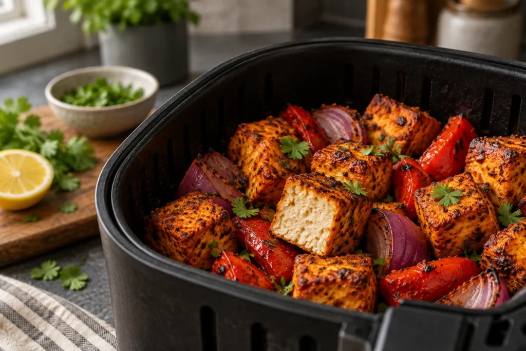 Close view of tofu tikka with dry browned edges, lightly charred marinade, and tender center