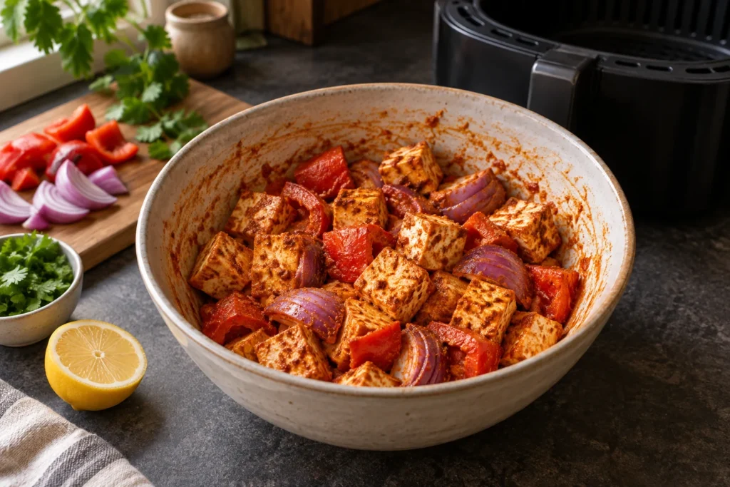 Tofu cubes, bell pepper, and onion lightly coated in thick tikka yogurt marinade