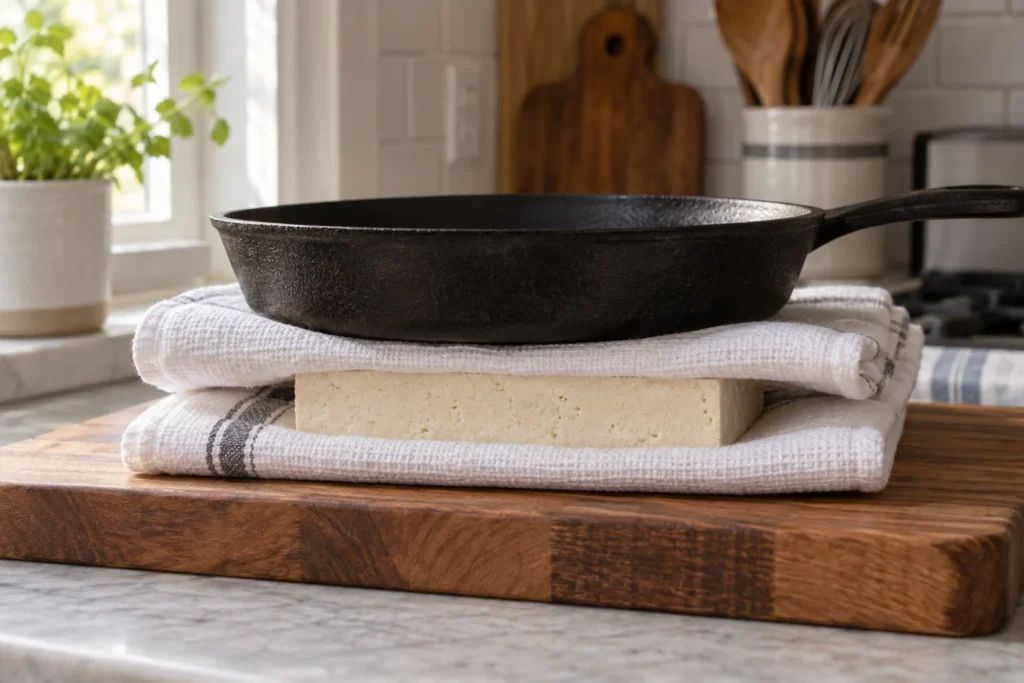 Extra-firm tofu pressed between clean kitchen towels before cutting