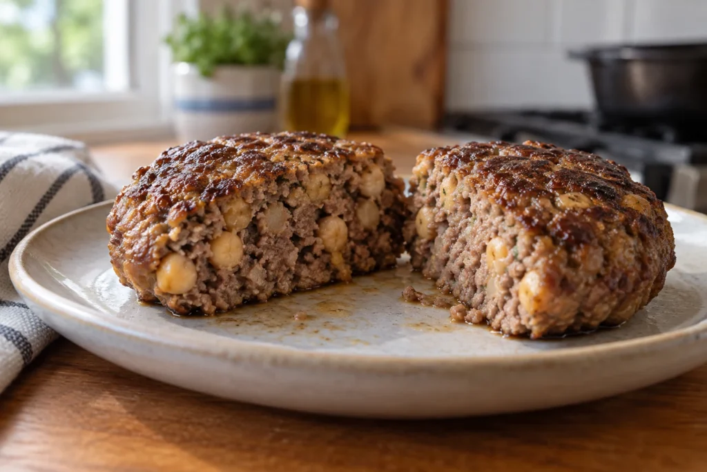 Cut beef and chickpea patty showing a moist fine-textured center