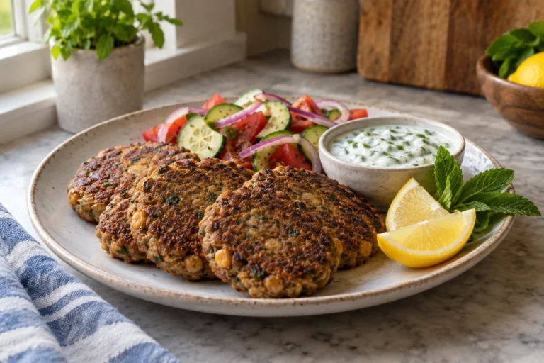 Browned lean beef and chickpea shami-inspired patties with salad, lemon, and mint yogurt