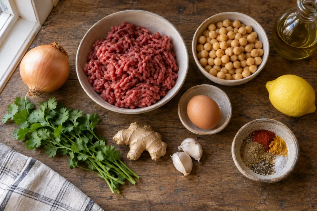 Lean ground beef, canned chickpeas, egg, onion, cilantro, ginger, garlic, spices, oil, and lemon overhead