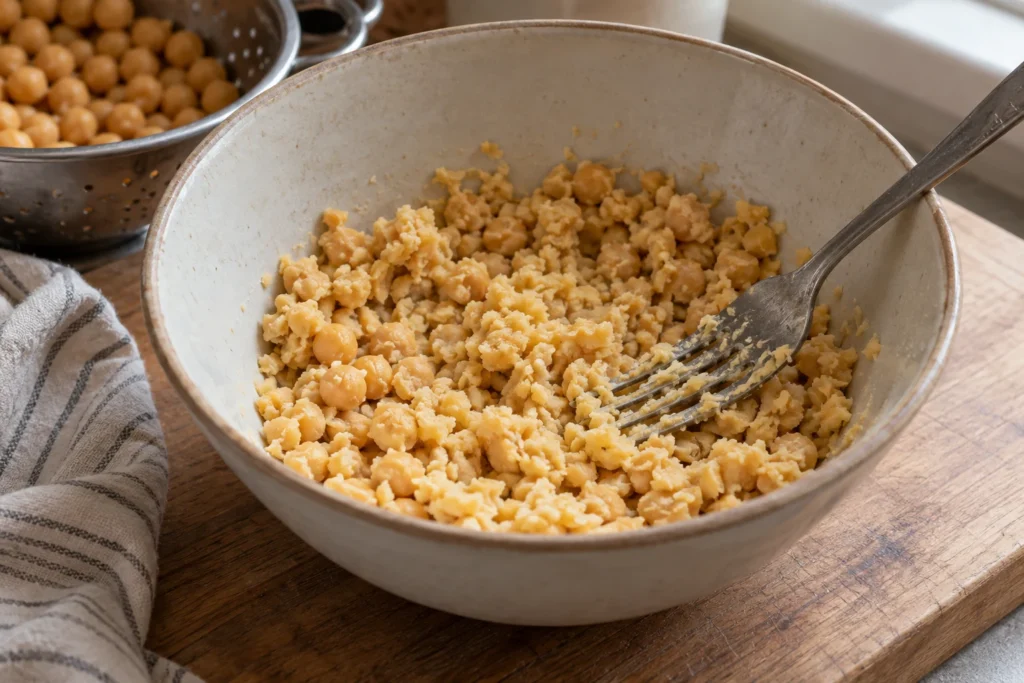 Drained chickpeas mashed dry in a bowl