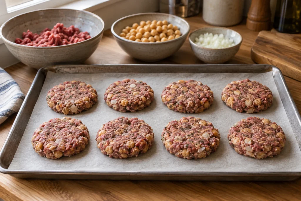 Ground beef and chickpea mixture formed into eight thin patties