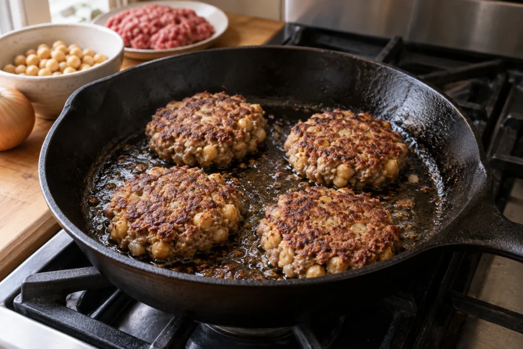 Thin beef chickpea patties browning in a skillet