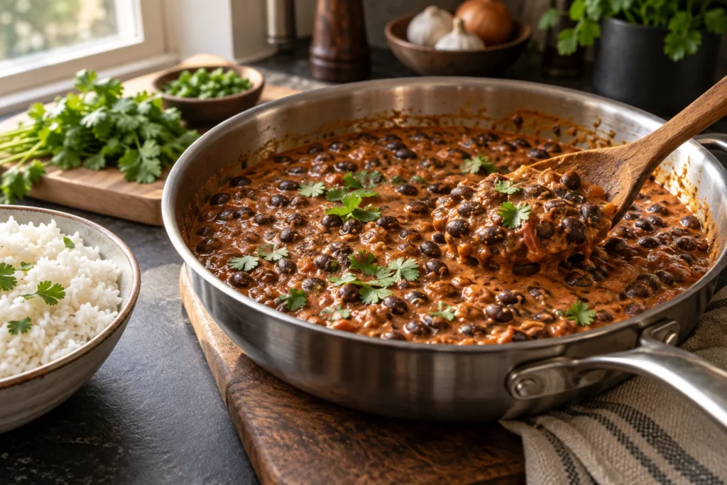 Close view of whole and lightly mashed black beans in a creamy rust-colored sauce