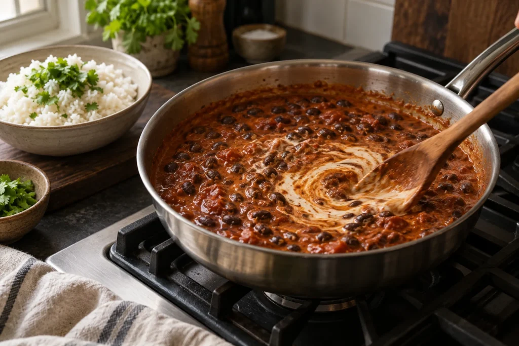 Cream being stirred into thick black bean and tomato sauce over low heat