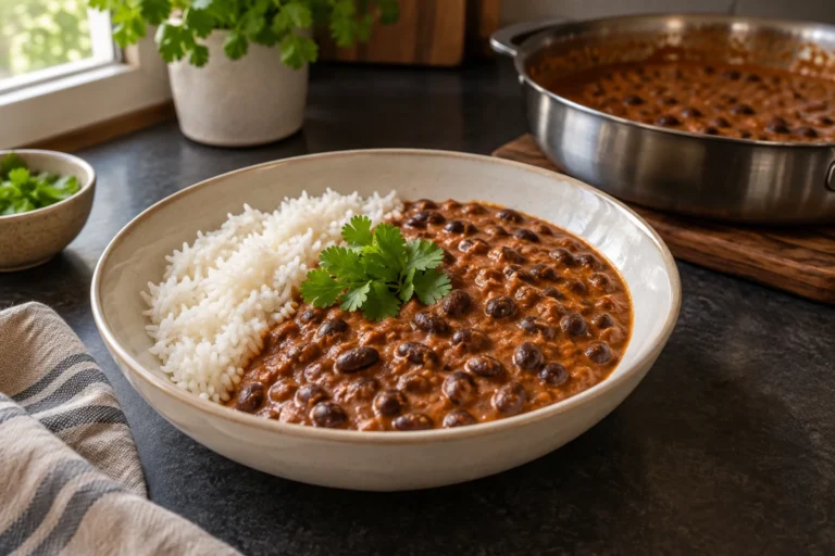 Creamy black bean dal makhani adaptation in a bowl with rice and cilantro