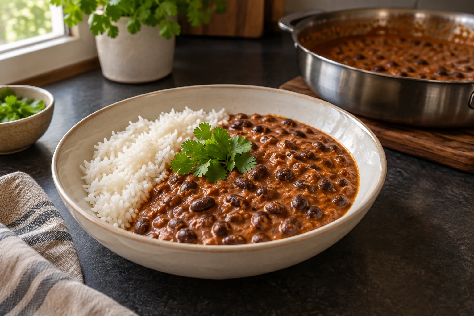 Creamy black bean dal makhani adaptation in a bowl with rice and cilantro