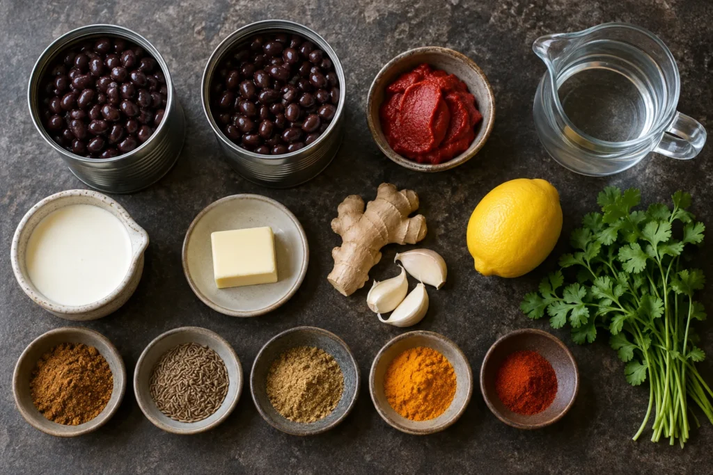 Canned black beans, tomato paste, cream, butter, ginger, garlic, lemon, and spices arranged overhead