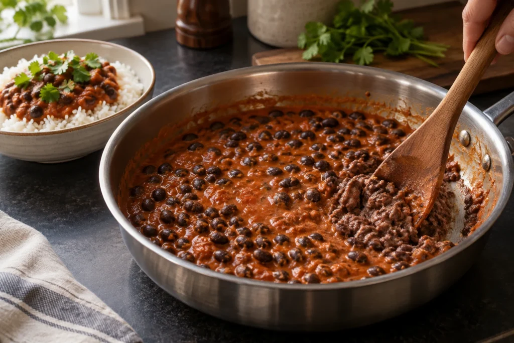 Wooden spoon mashing a portion of canned black beans against the side of a skillet