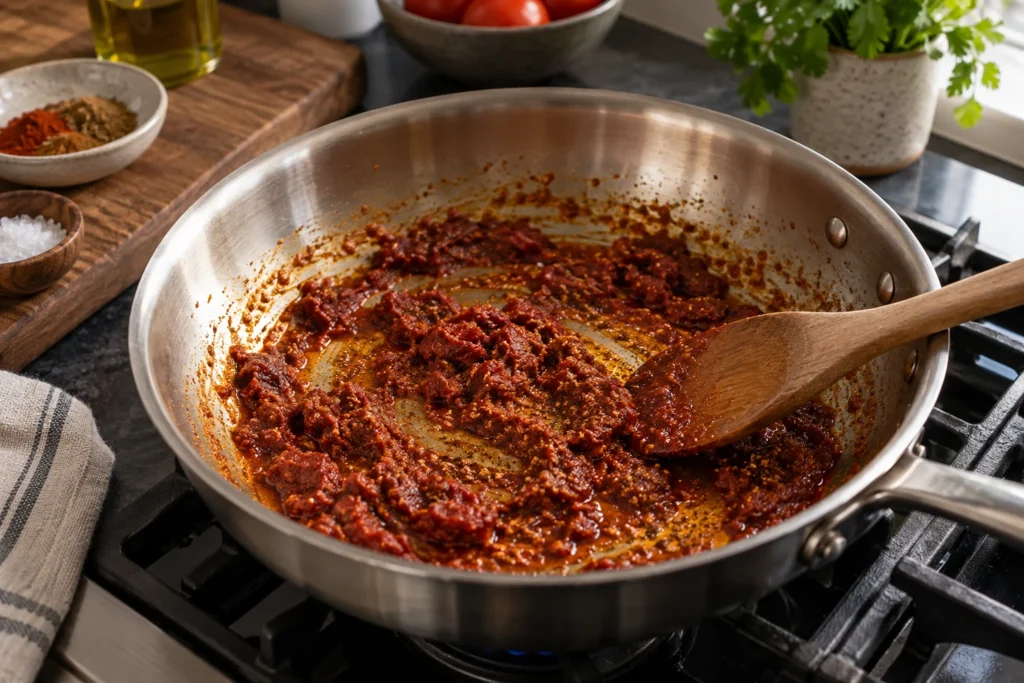 Tomato paste and ground spices cooking in butter in a skillet