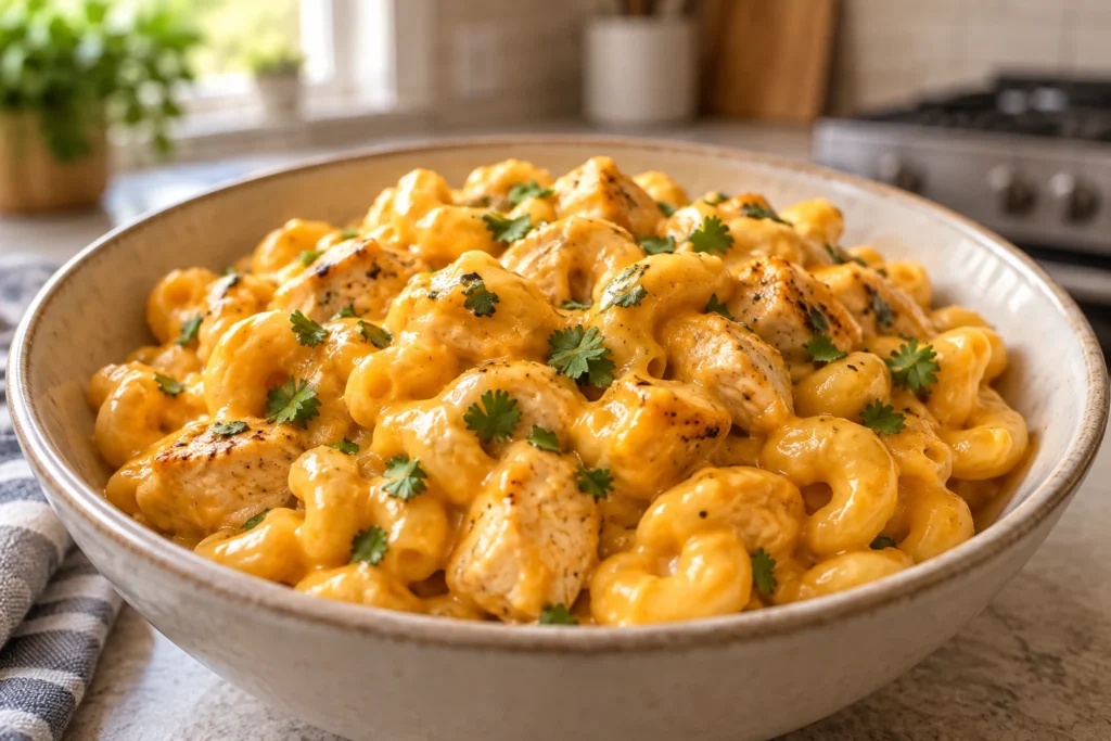 Close view of elbow macaroni and tender chicken coated in creamy orange cheddar sauce