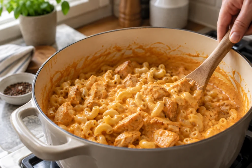 Elbow macaroni and cooked chicken being folded into butter chicken cheese sauce