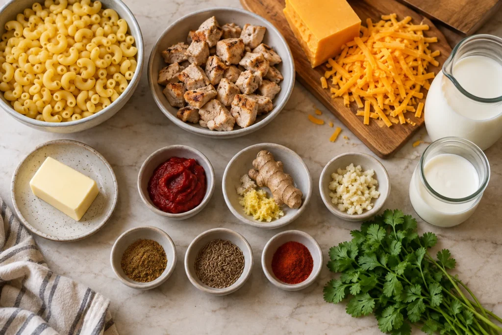 Elbow macaroni, cooked chicken, cheddar, milk, cream, butter, tomato paste, ginger, garlic, and spices overhead