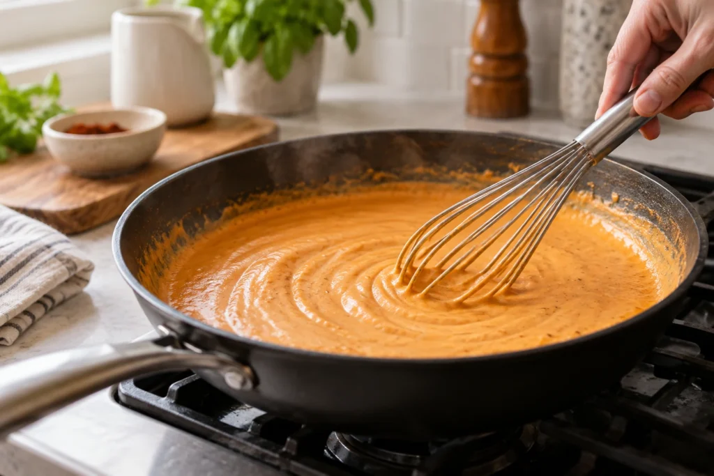 Smooth orange milk sauce thickening around a whisk in a skillet