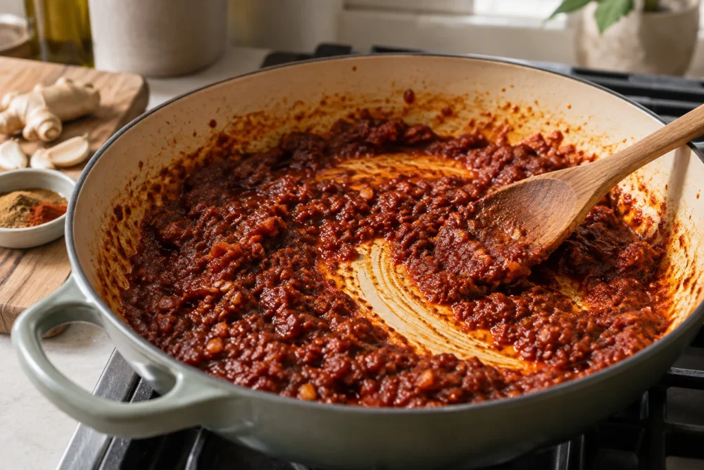 Tomato paste, ginger, garlic, butter, and spices cooking brick red in a skillet