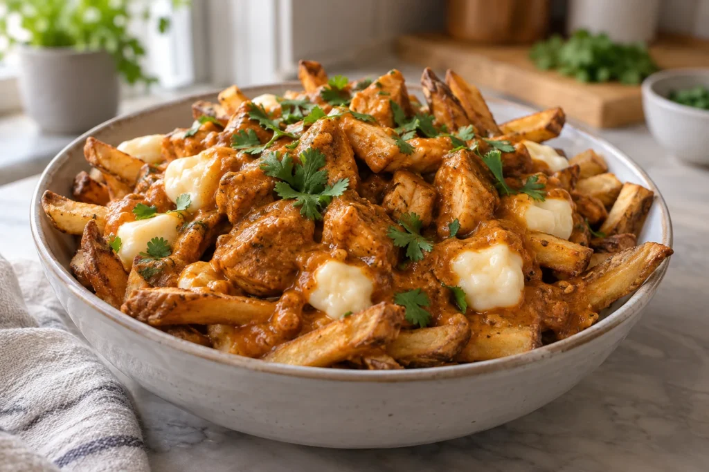 Close view of crisp fries, soft cheese curds, tender chicken, creamy orange sauce, and cilantro