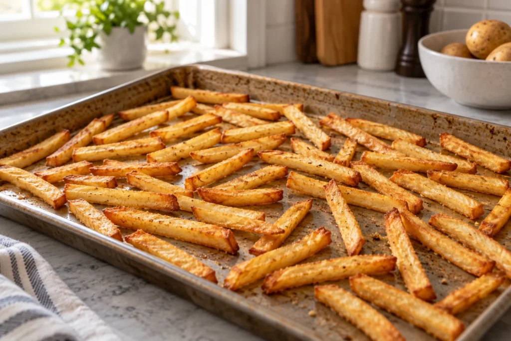 Straight-cut frozen French fries baked deeply golden and crisp on a sheet pan