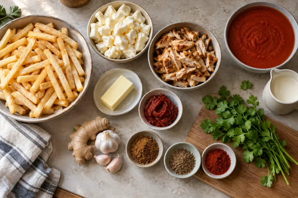 Frozen fries, cheese curds, cooked chicken, tomato puree, cream, butter, ginger, garlic, cilantro, and spices overhead