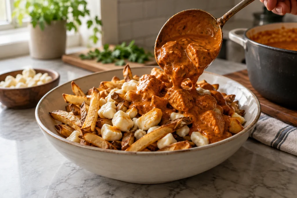 White cheddar curds and hot butter chicken sauce being layered over crisp fries