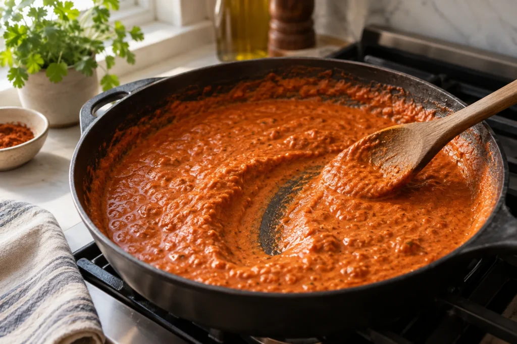 Thick tomato butter-chicken sauce leaving a trail behind a spoon in a skillet