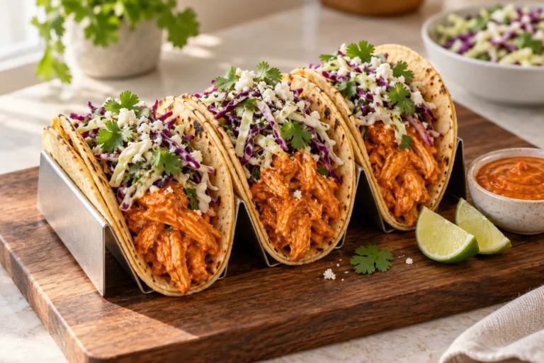 Three doubled-corn-tortilla tacos filled with thick glazed butter chicken, green and purple cabbage slaw, cotija, cilantro, and lime
