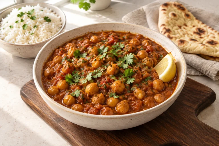 Thick amber-red canned chickpea chana masala in a ceramic bowl with basmati rice, flatbread, cilantro, and lemon
