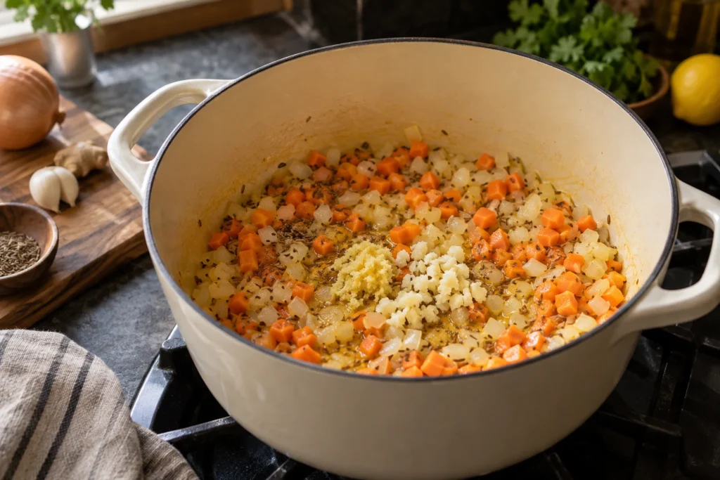 Diced onion and carrots cooking with cumin seeds, ginger, and garlic in a Dutch oven