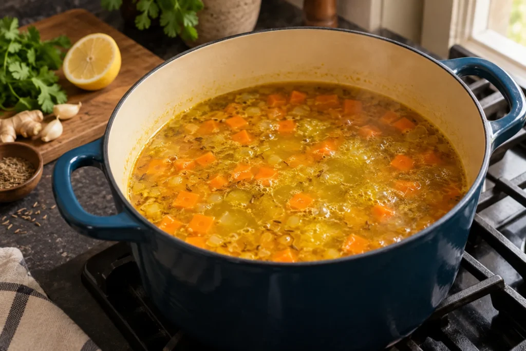 Golden turmeric broth simmering with diced carrots before lentils are added