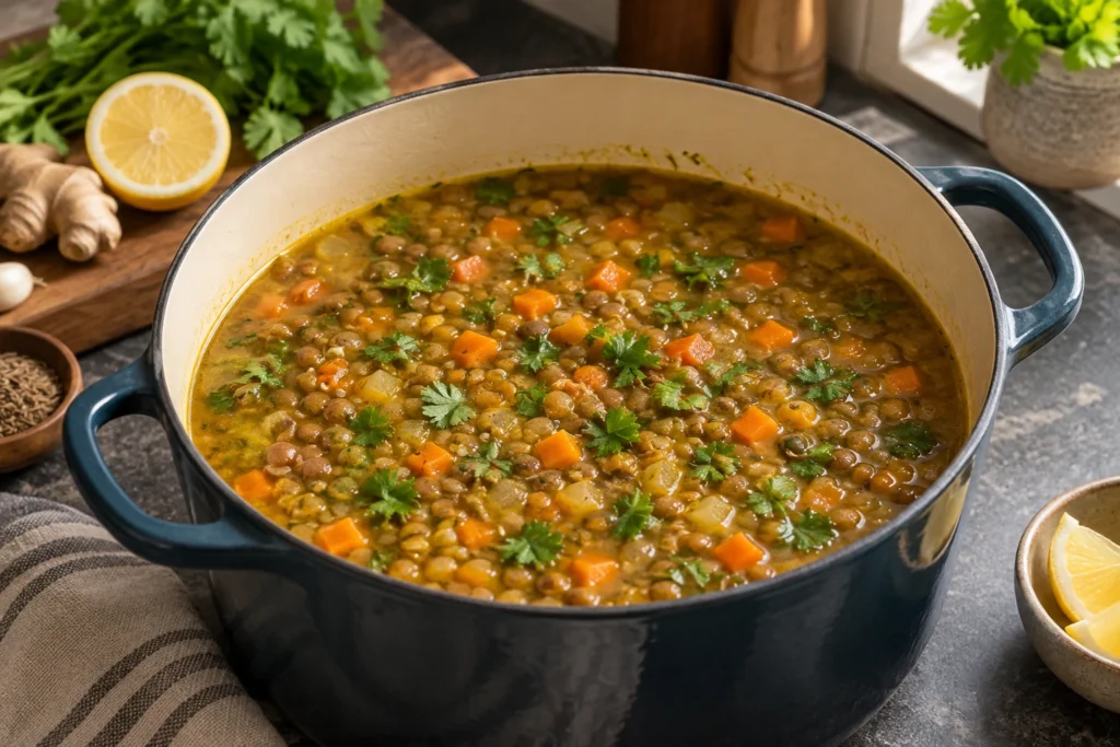 Close view of intact brown lentils, tender carrot cubes, cilantro, and golden broth