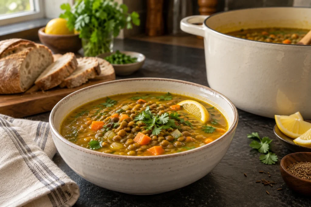 Brown lentil soup with carrots, turmeric, cilantro, and lemon in a ceramic bowl
