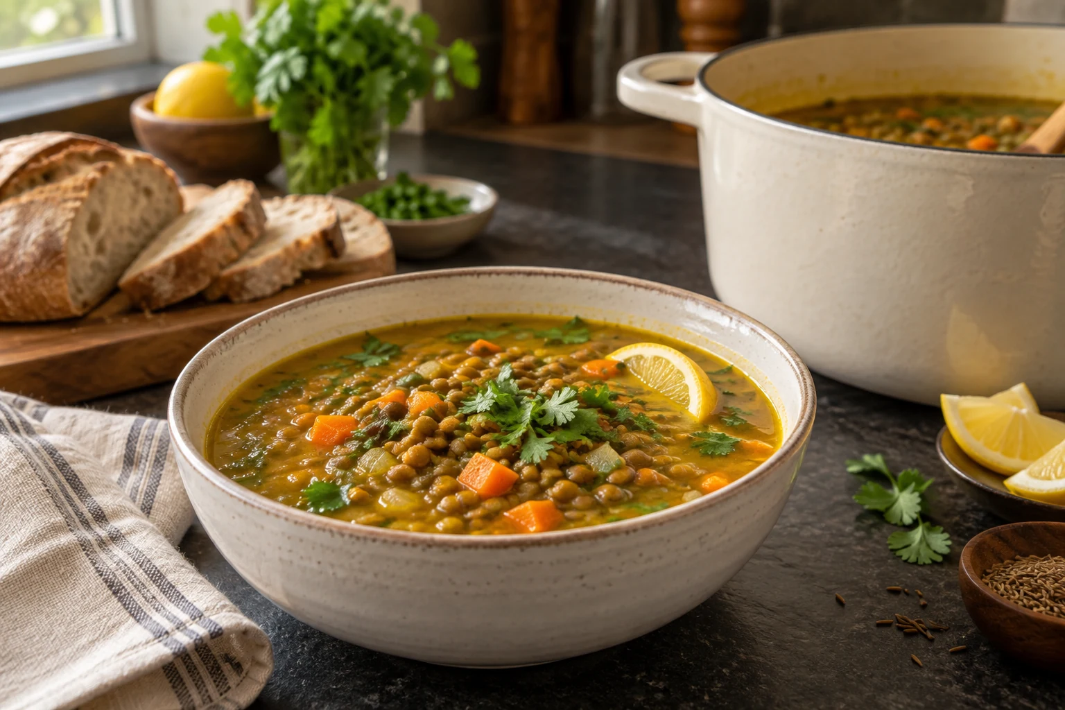 Brown lentil soup with carrots, turmeric, cilantro, and lemon in a ceramic bowl