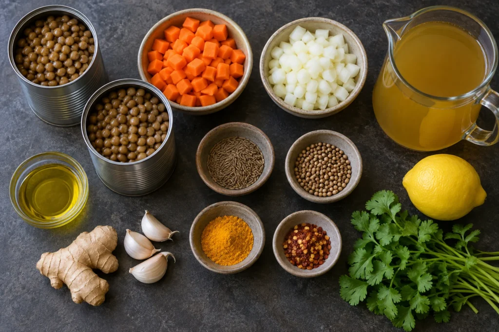 Canned brown lentils, carrots, onion, broth, ginger, garlic, lemon, cilantro, and spices overhead