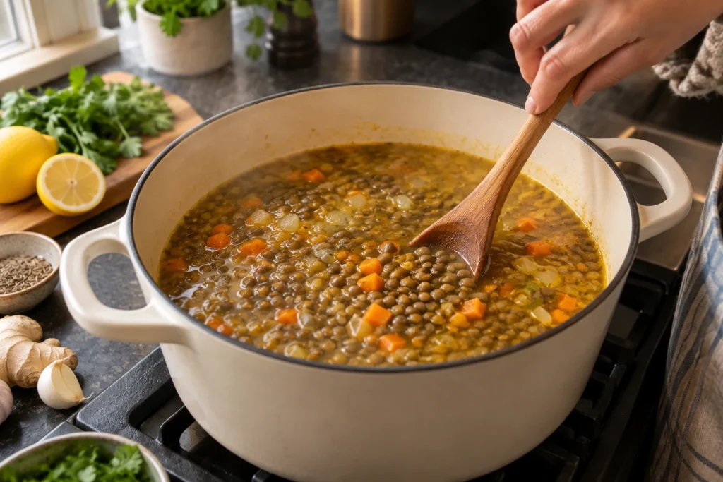 Rinsed brown lentils being stirred gently into turmeric vegetable broth