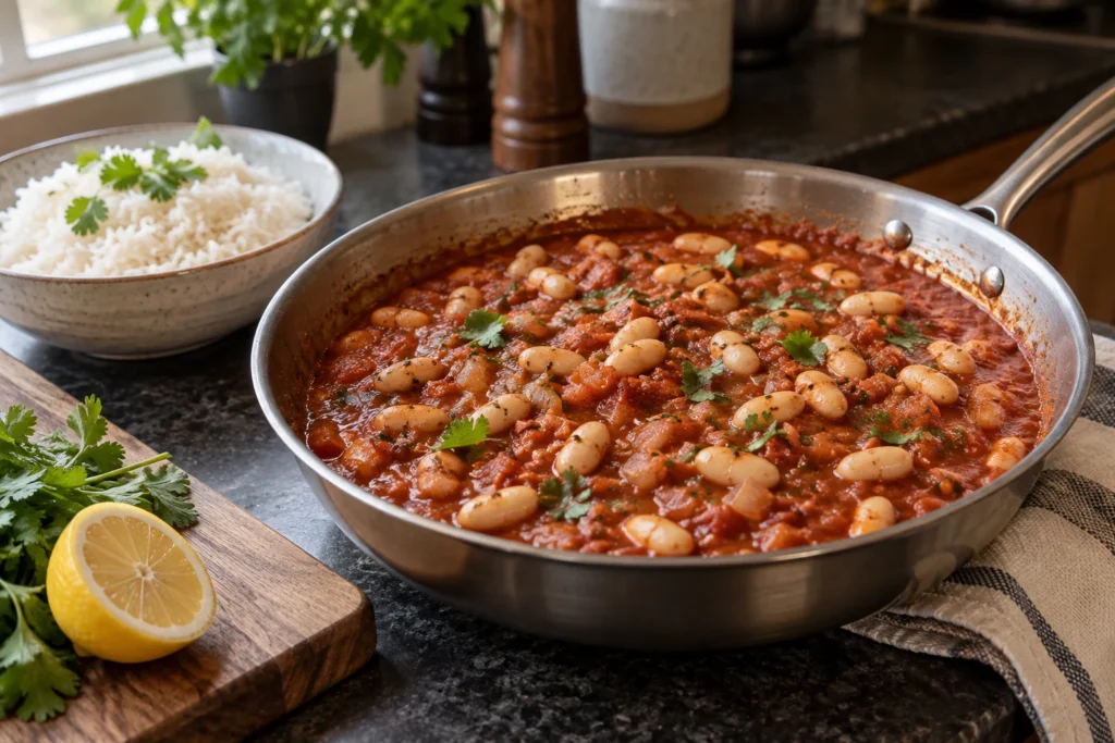 Close view of creamy white beans intact in rust-red tomato sauce with cilantro