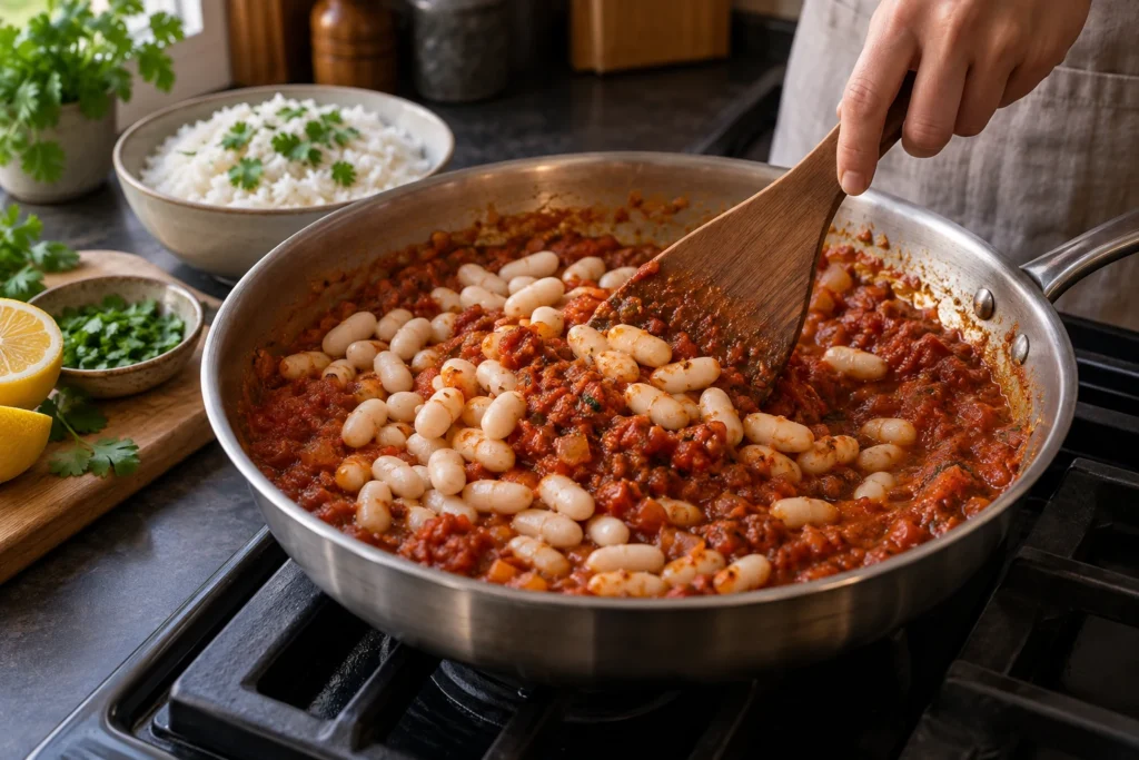 Cannellini beans being folded gently into thick tomato masala with a wide spatula