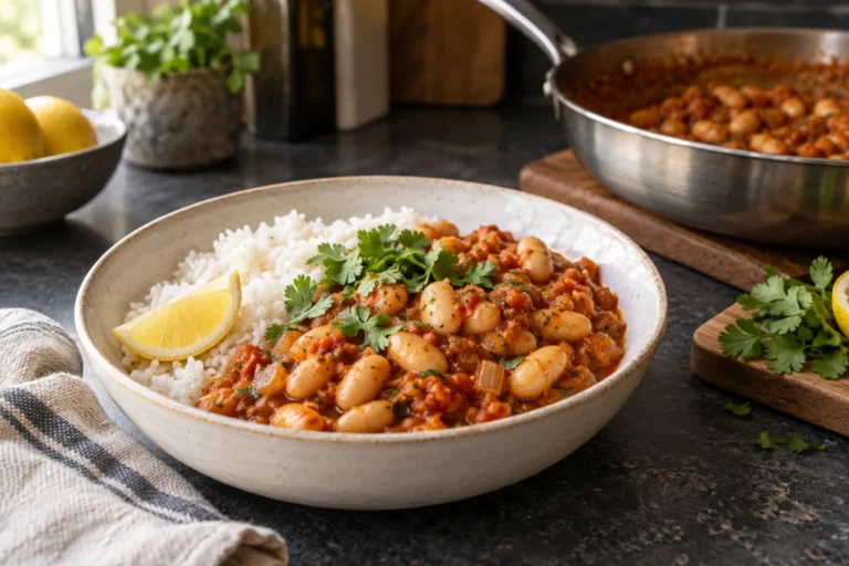 Spiced cannellini bean skillet in tomato sauce with cilantro, rice, and lemon