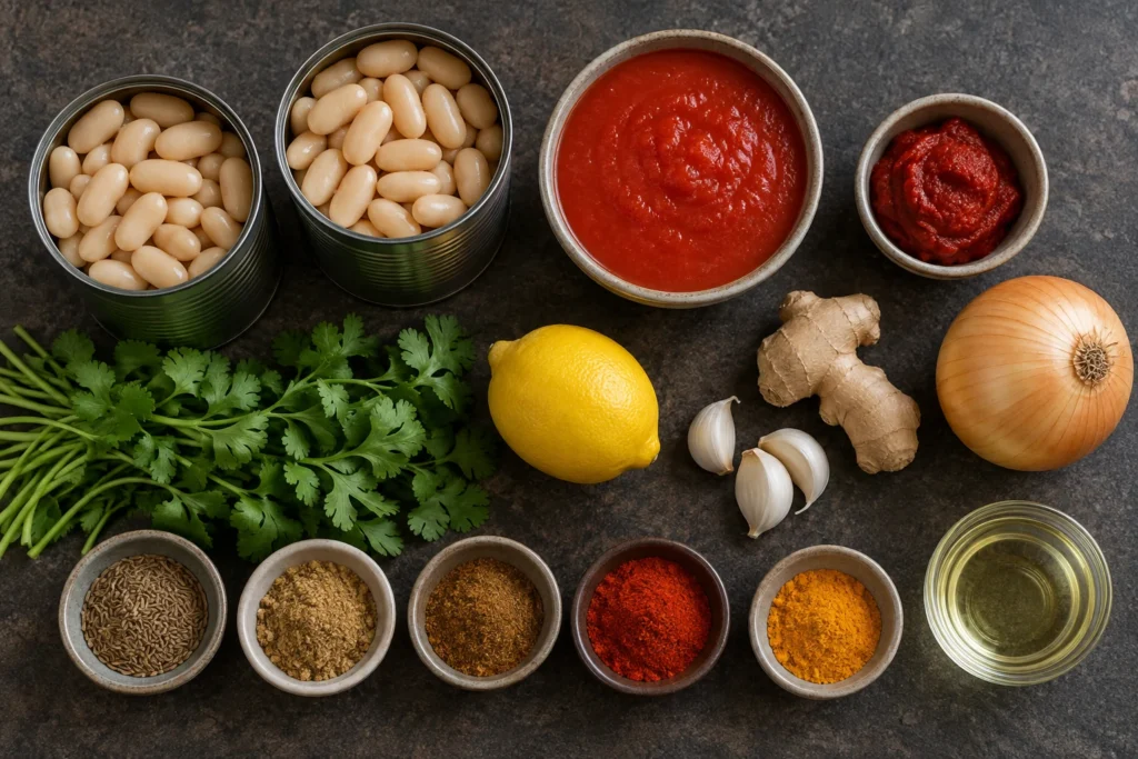 Canned cannellini beans, tomato sauce, tomato paste, onion, ginger, garlic, lemon, and spices overhead