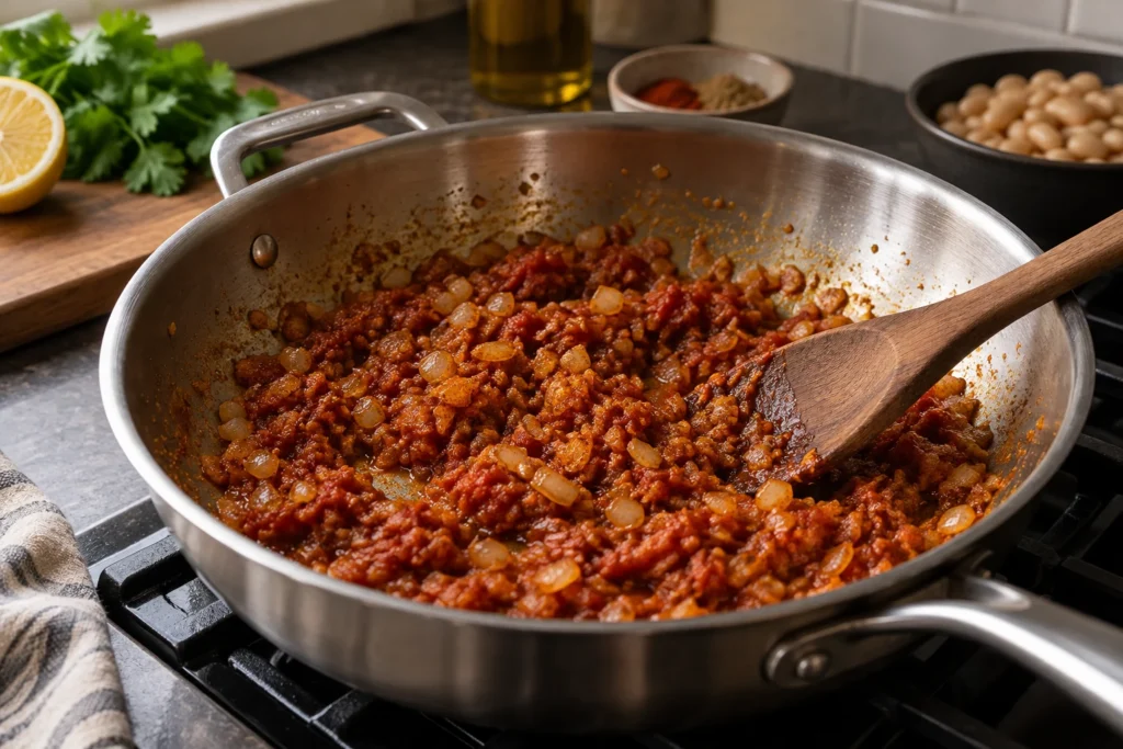Finely chopped onion, ginger, garlic, tomato paste, and spices cooking in a skillet