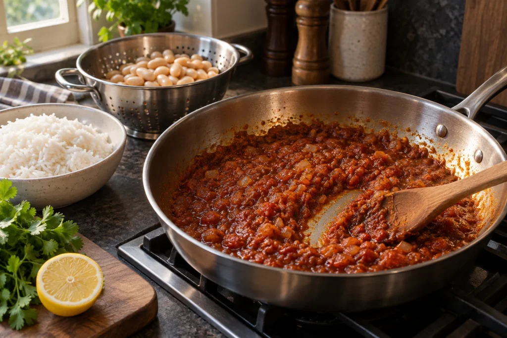 Thick onion-tomato spice sauce reduced in a skillet before white beans are added