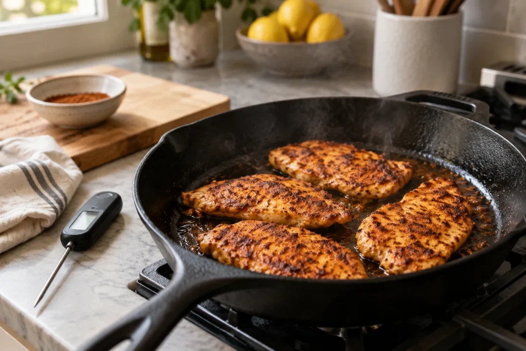 Thin tandoori-spiced chicken cutlets browning in a skillet